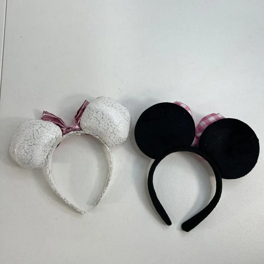 Disney Store Minnie Mickey Mouse Sequins Hearts Ears Pink Gingham Headband Black